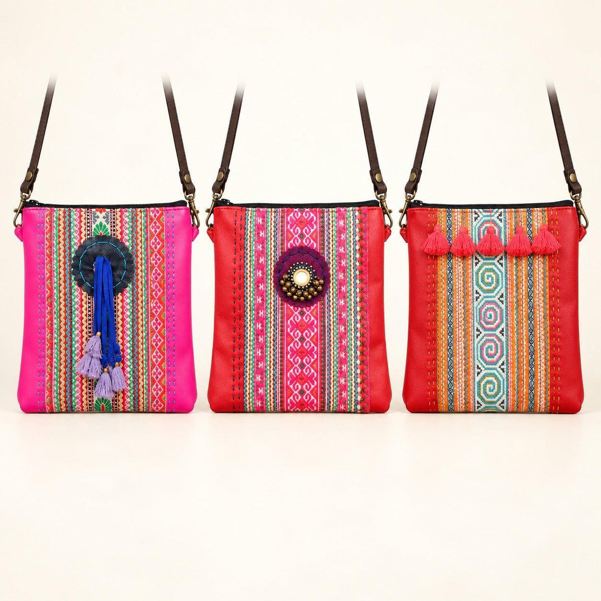 Hmong Fabric and Leather Crossbody Bag - Thailand