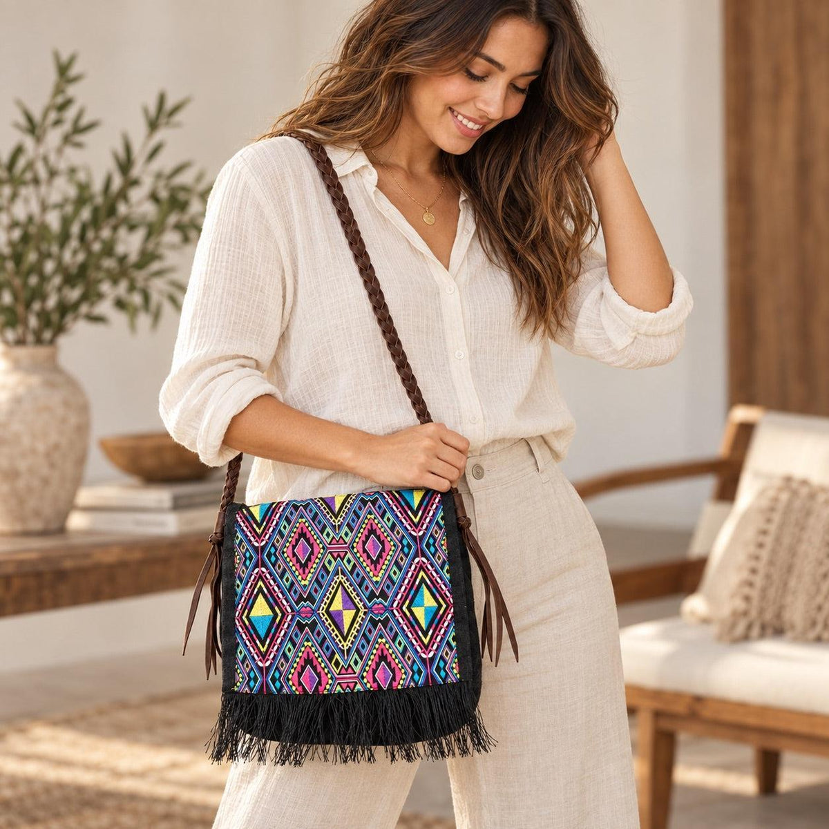 Hemp Diamond Cross-body Embroidered Fabric Purse - Thailand