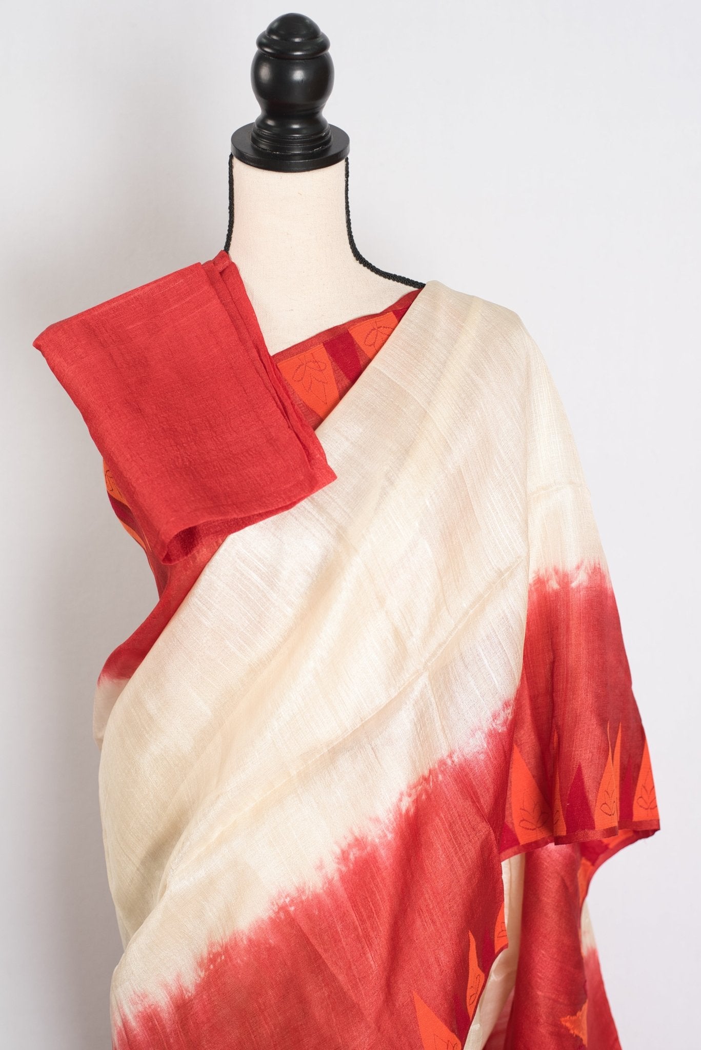 Madhabi: Cream & Red Bengal Tussar Silk Saree | Silk Mark Certified