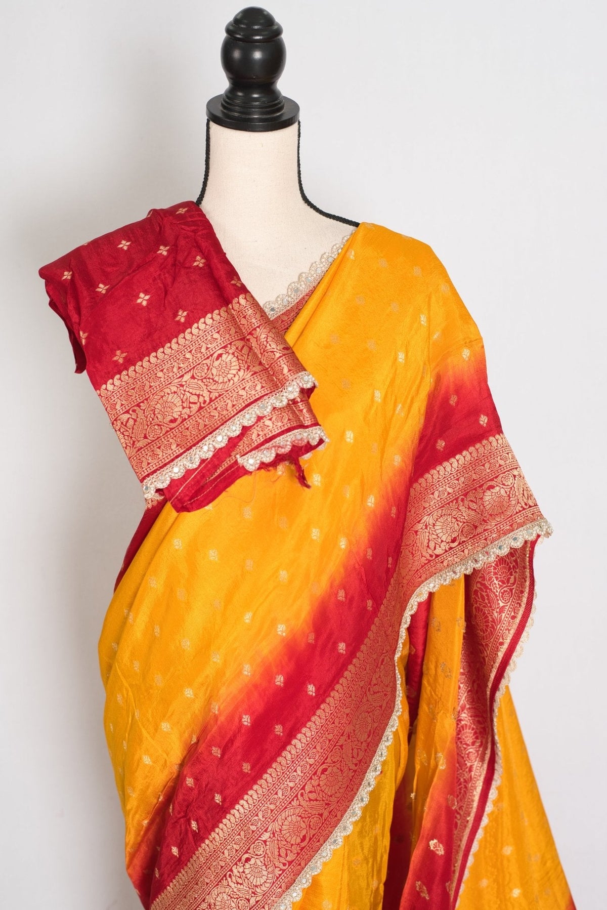 Mala | Yellow & Red Dola Silk Banarasi Saree | Soft & Flowy