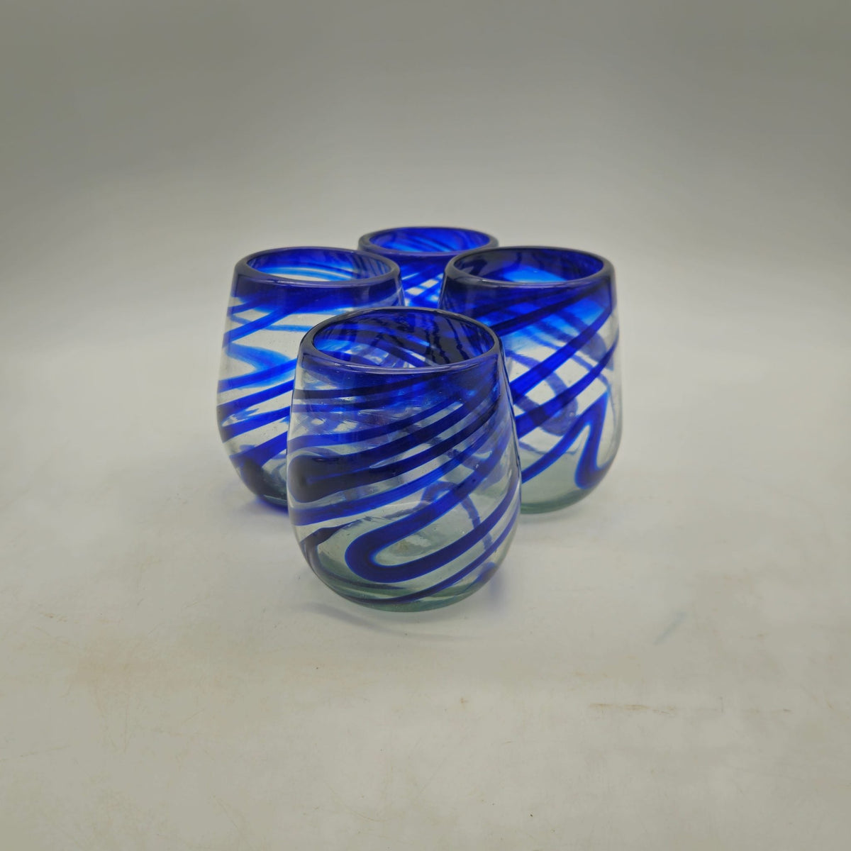 Mexican Stemless Wine Glass | Hand-Blown Blue Swirl
