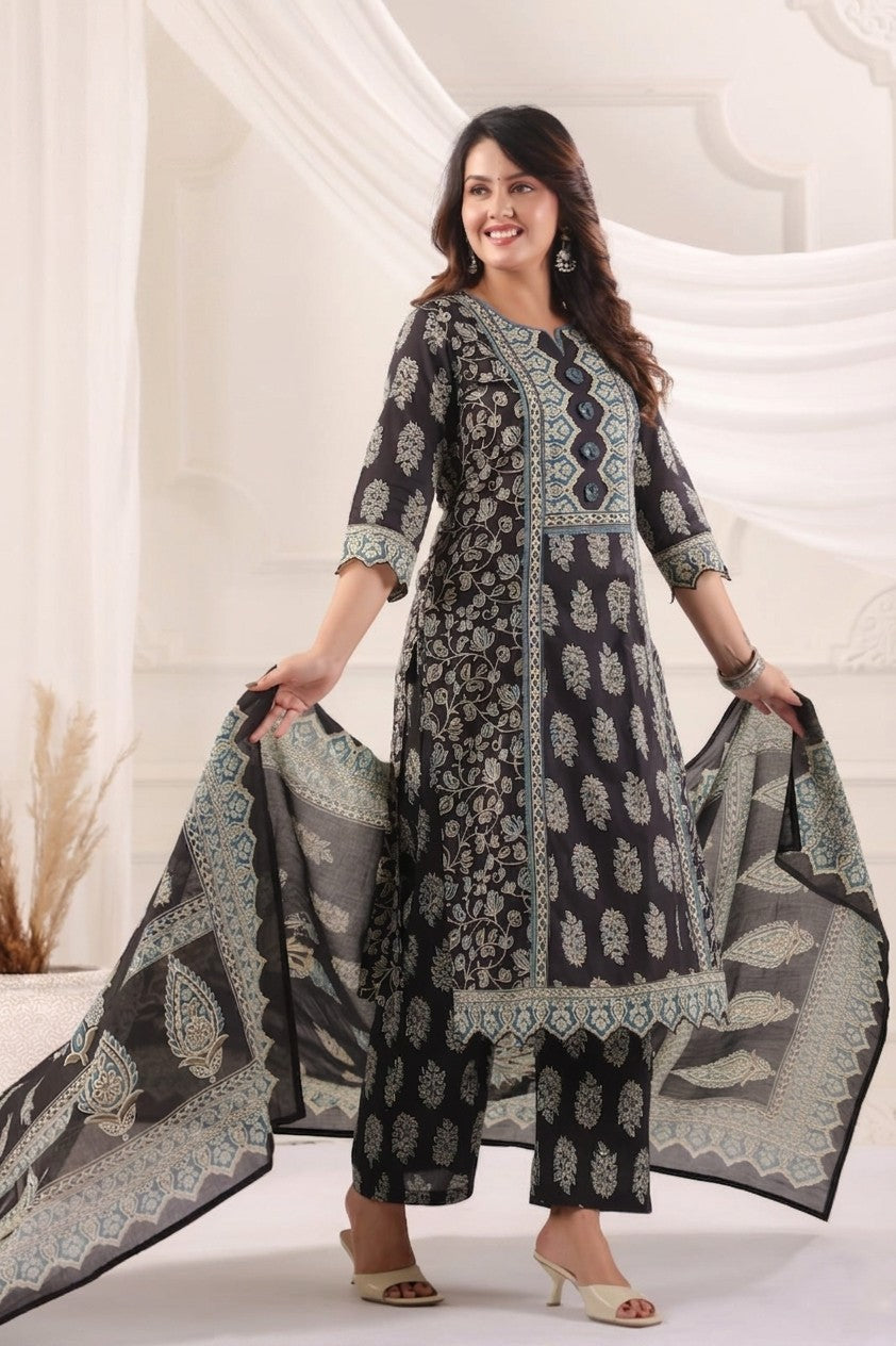 Elegant Black & Teal Floral Block Print Kurta Set – Premium 3-Piece Ethnic Wear