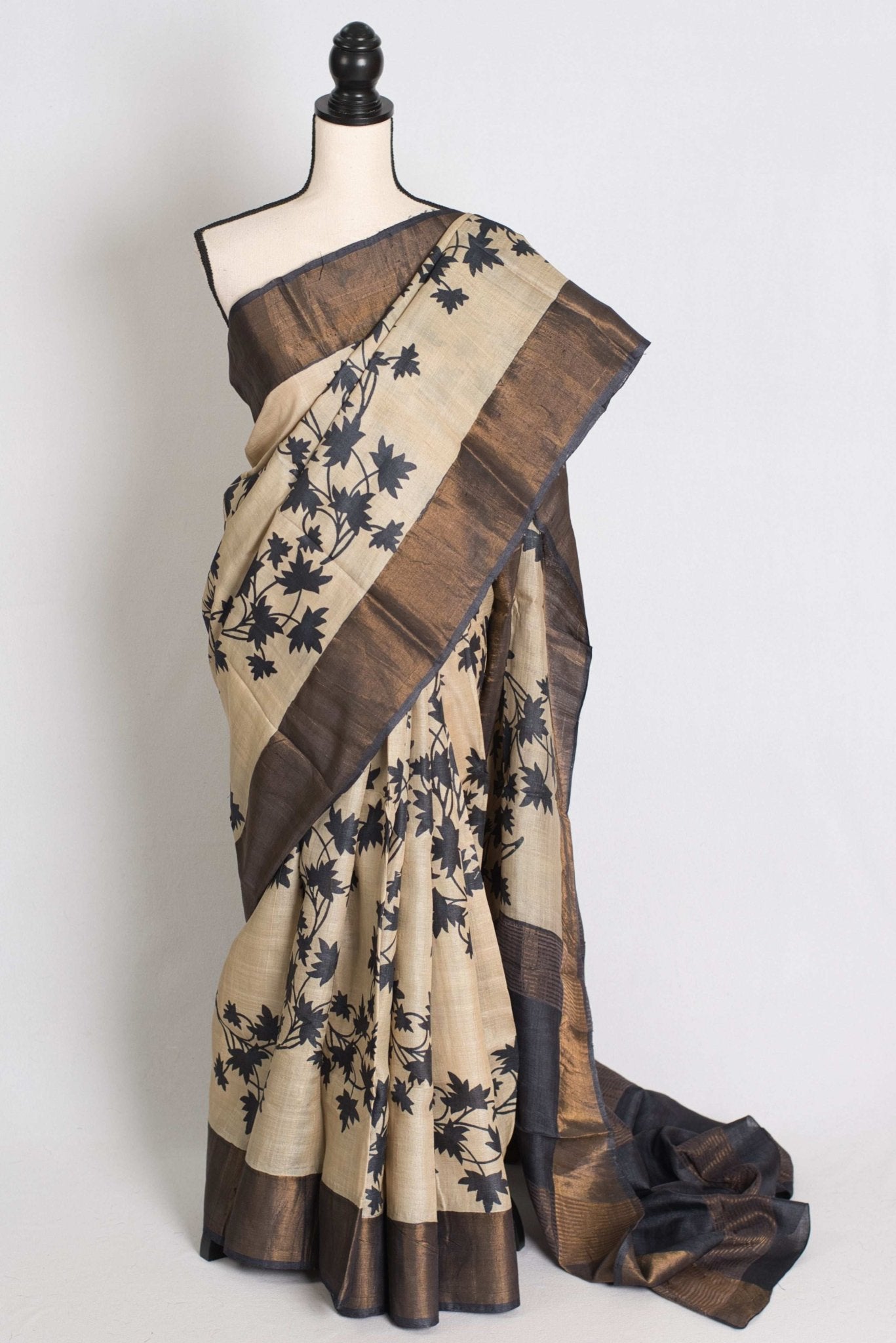 Mira : Printed Tussar Silk Saree in Cream and Black