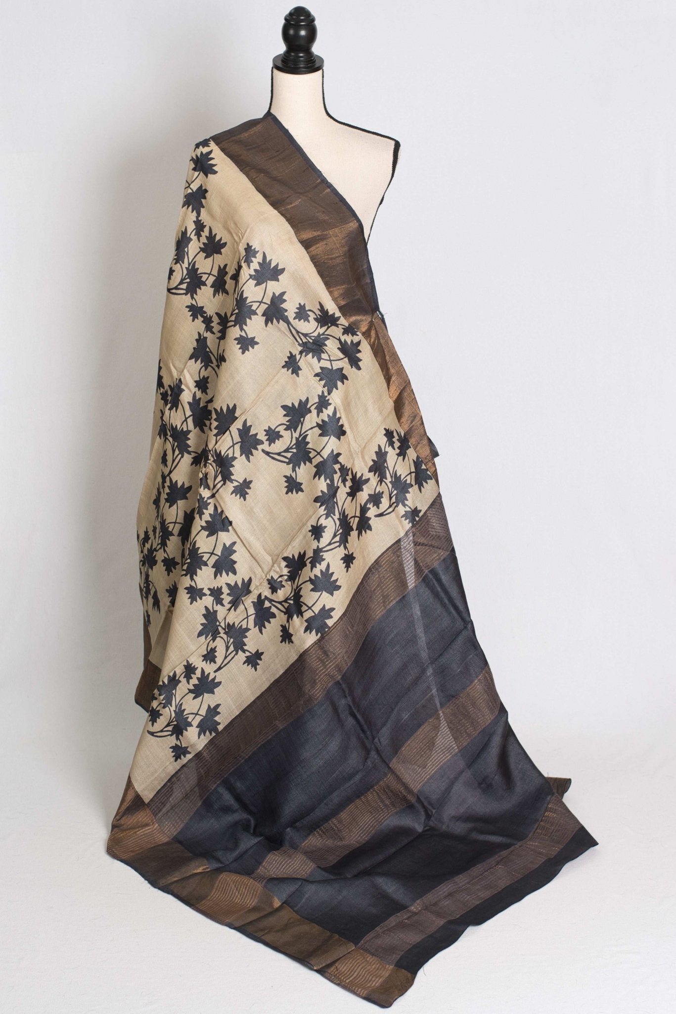Mira : Printed Tussar Silk Saree in Cream and Black
