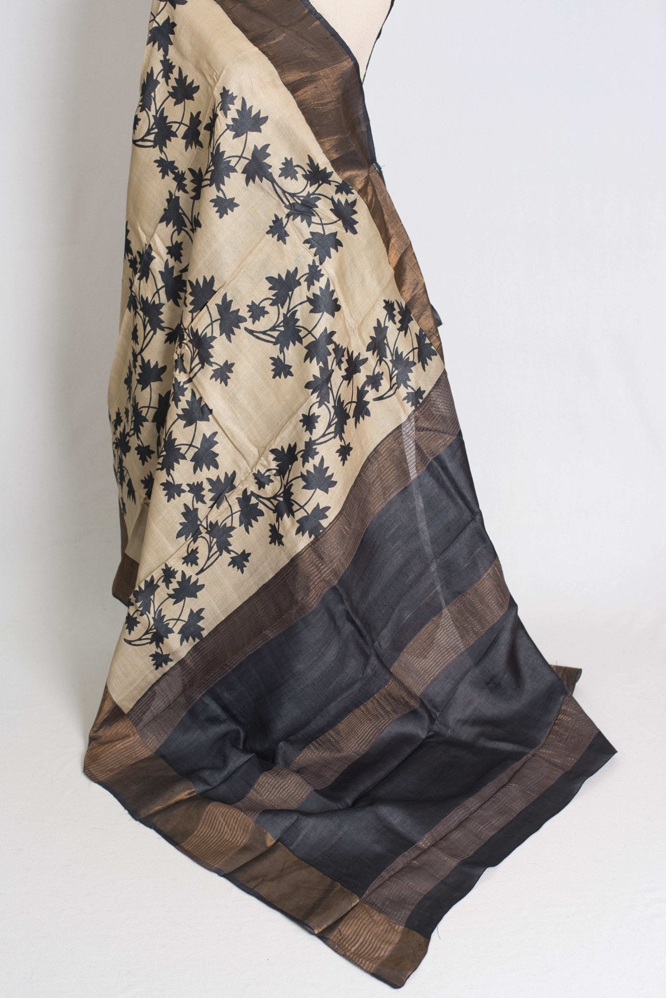 Mira : Printed Tussar Silk Saree in Cream and Black