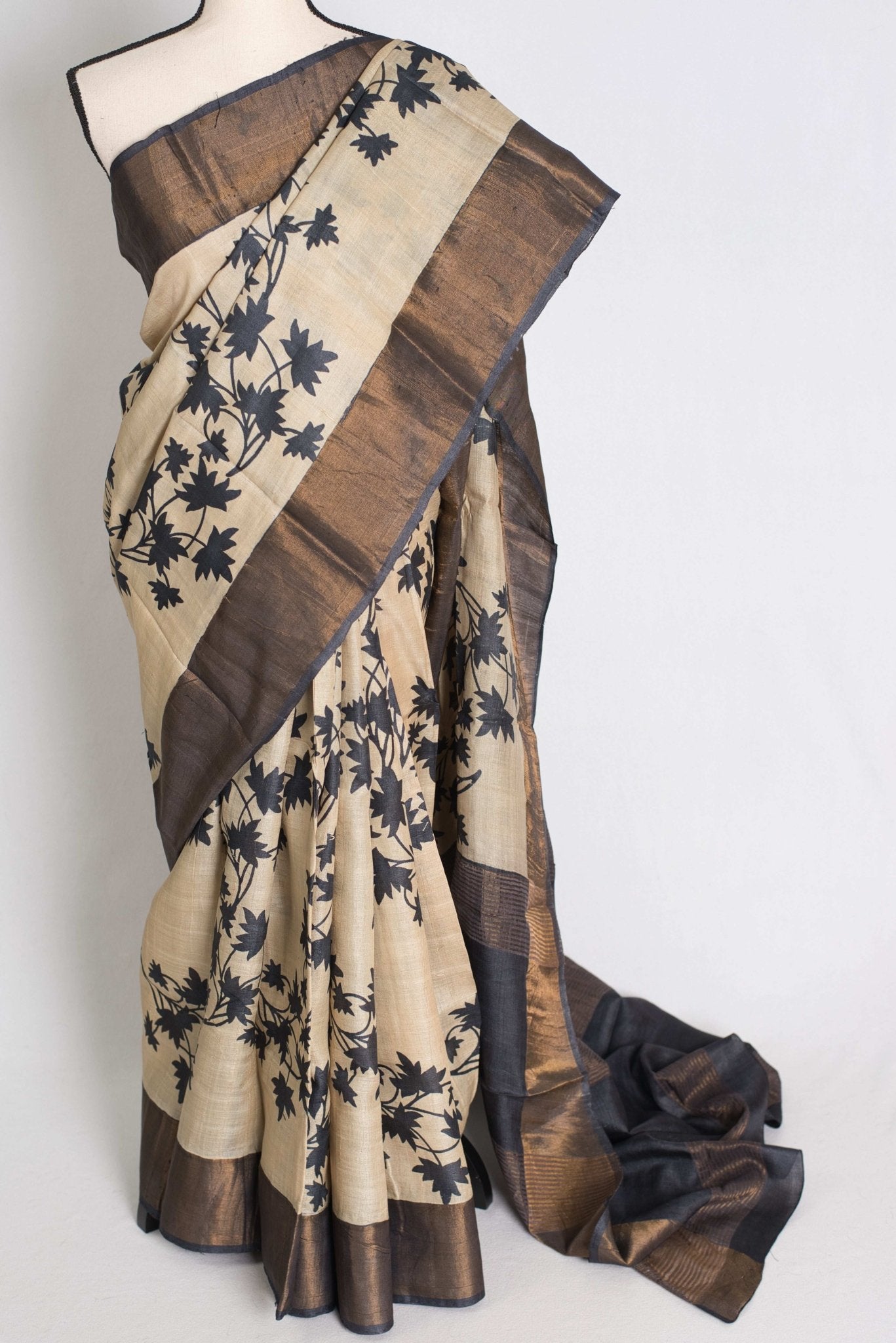 Mira : Printed Tussar Silk Saree in Cream and Black