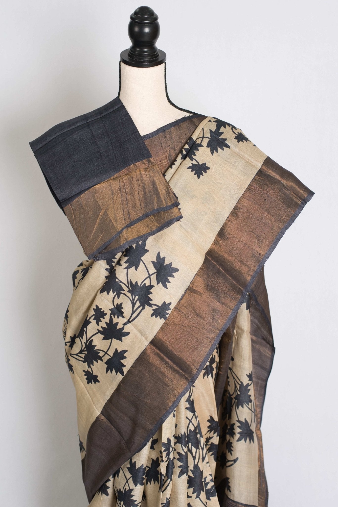 Mira : Printed Tussar Silk Saree in Cream and Black