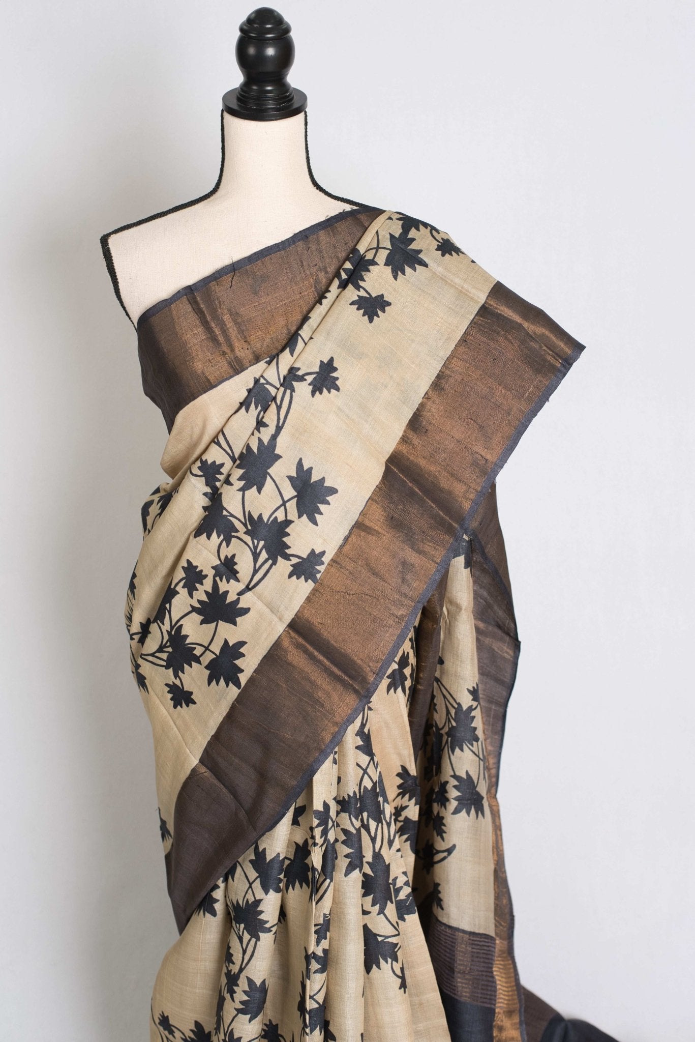 Mira : Printed Tussar Silk Saree in Cream and Black