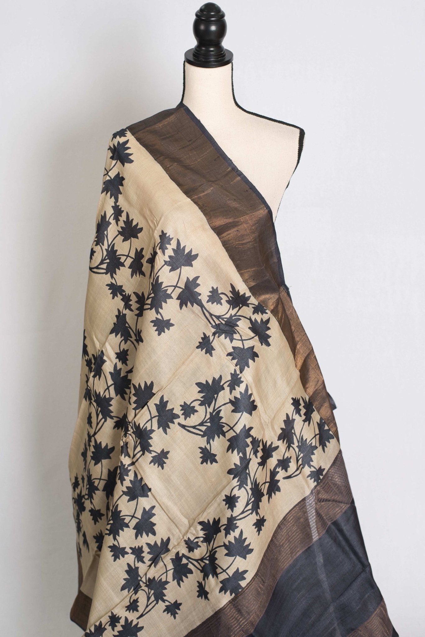 Mira : Printed Tussar Silk Saree in Cream and Black