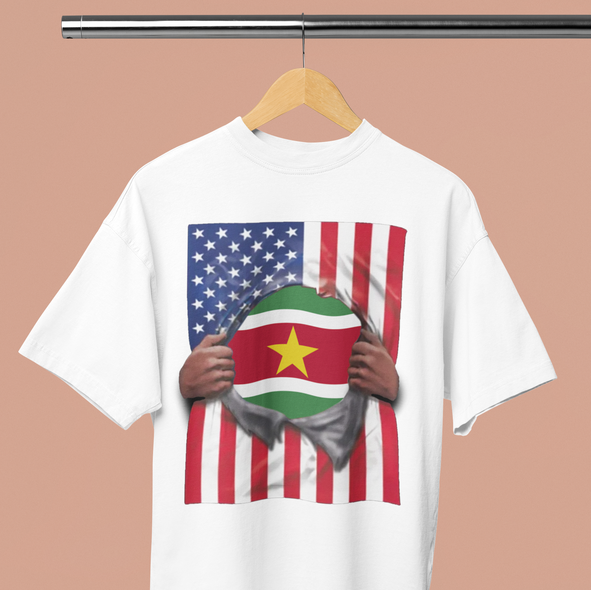 Suriname Flag + USA Flag Pride T-shirt | Surinamese + American Flag Rip 4th Of July | Funny Viral Latino Tees | Unisex - 4 Colors