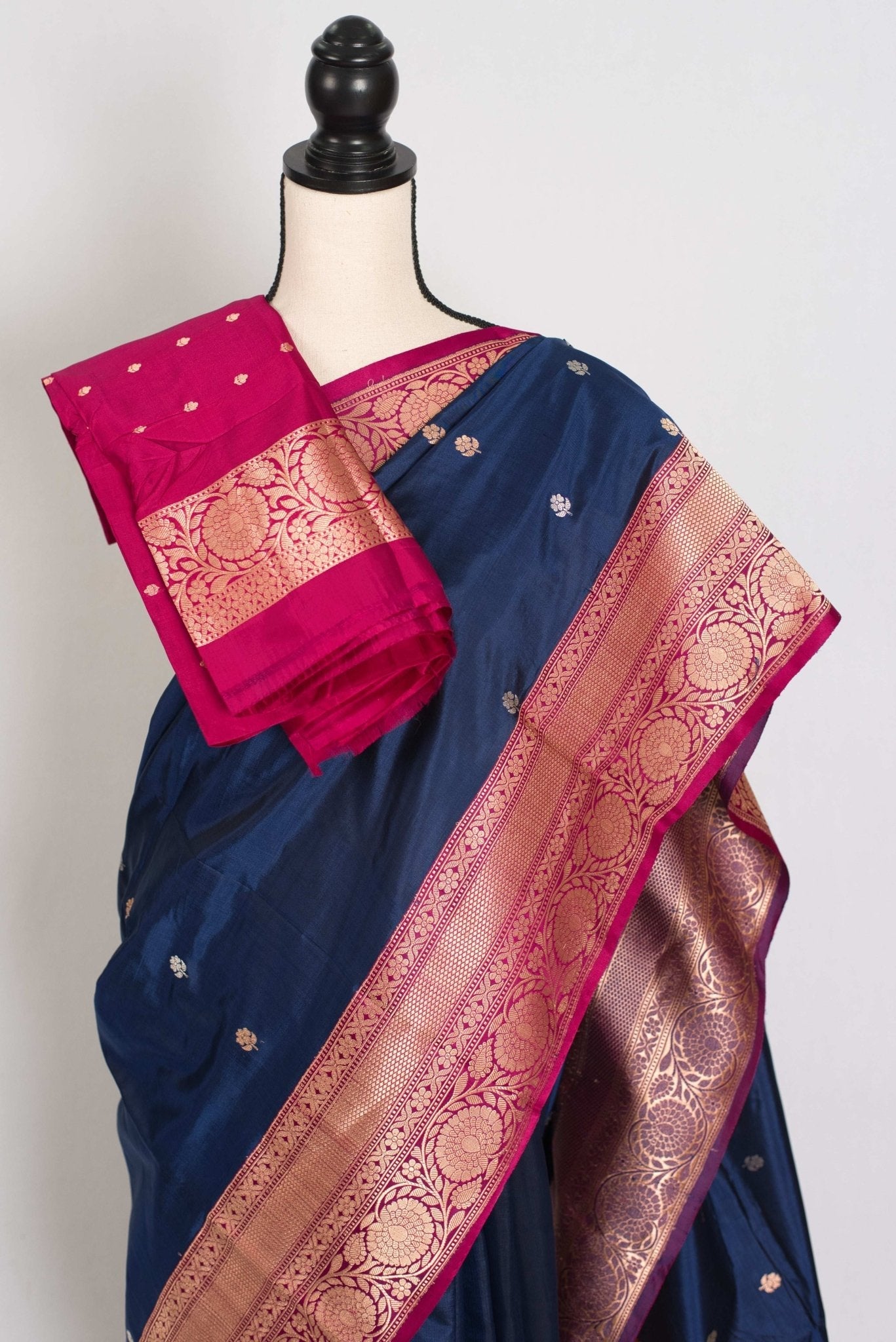 Nalini : Certified Silk Banarasi Saree in Dark Blue with Silver and Golden Motif