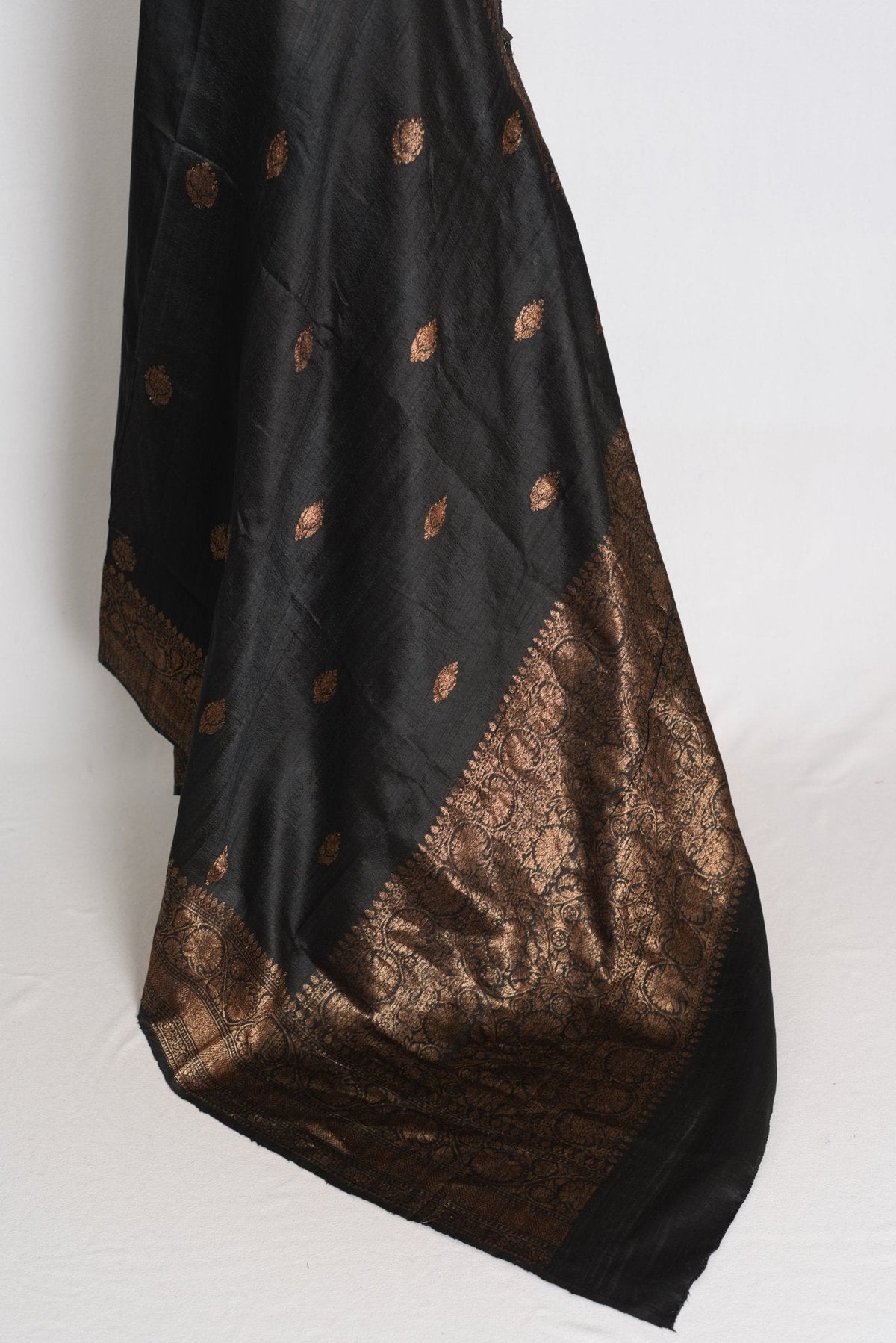 Nandini : Black Pure Raw Silk Banarasi Saree | Antique Gold Zari Weave
