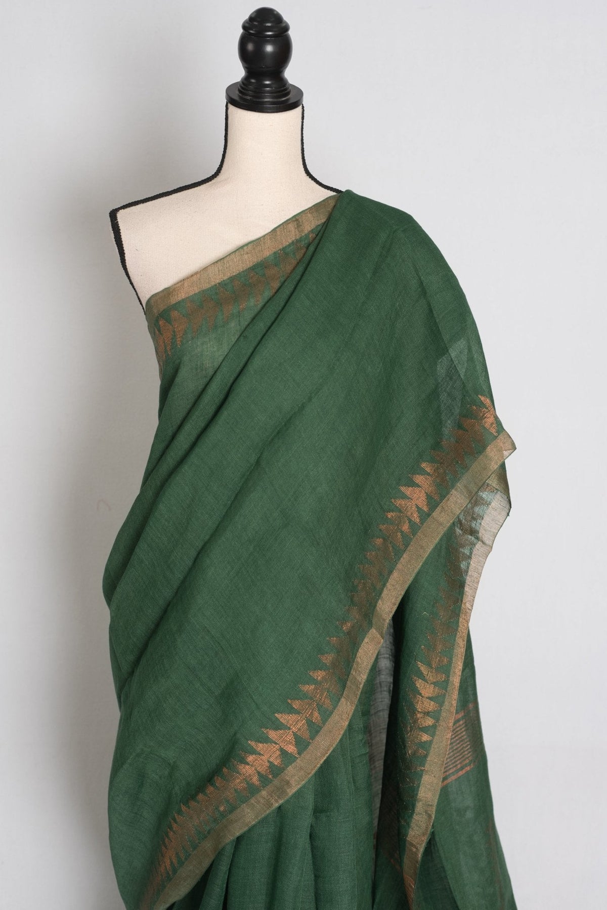 Nidhi : Forest Green Pure Linen by Linen Bengali Linen Jamdani Saree