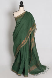 Nidhi : Forest Green Pure Linen by Linen Bengali Linen Jamdani Saree