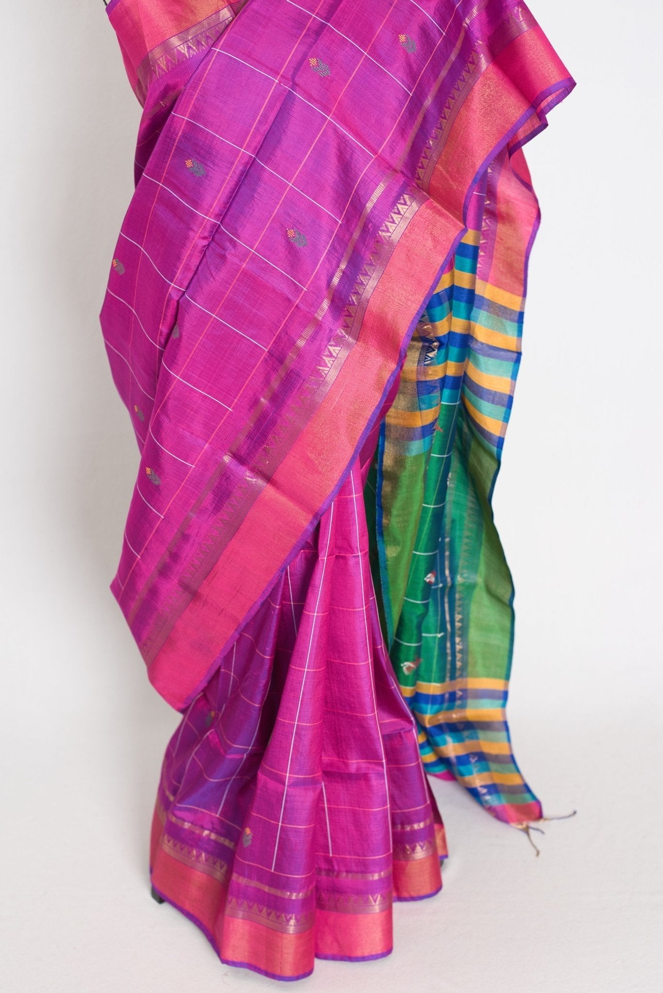 Nina : Lightweight Bishnupur Katan Silk Saree in Purple and Green