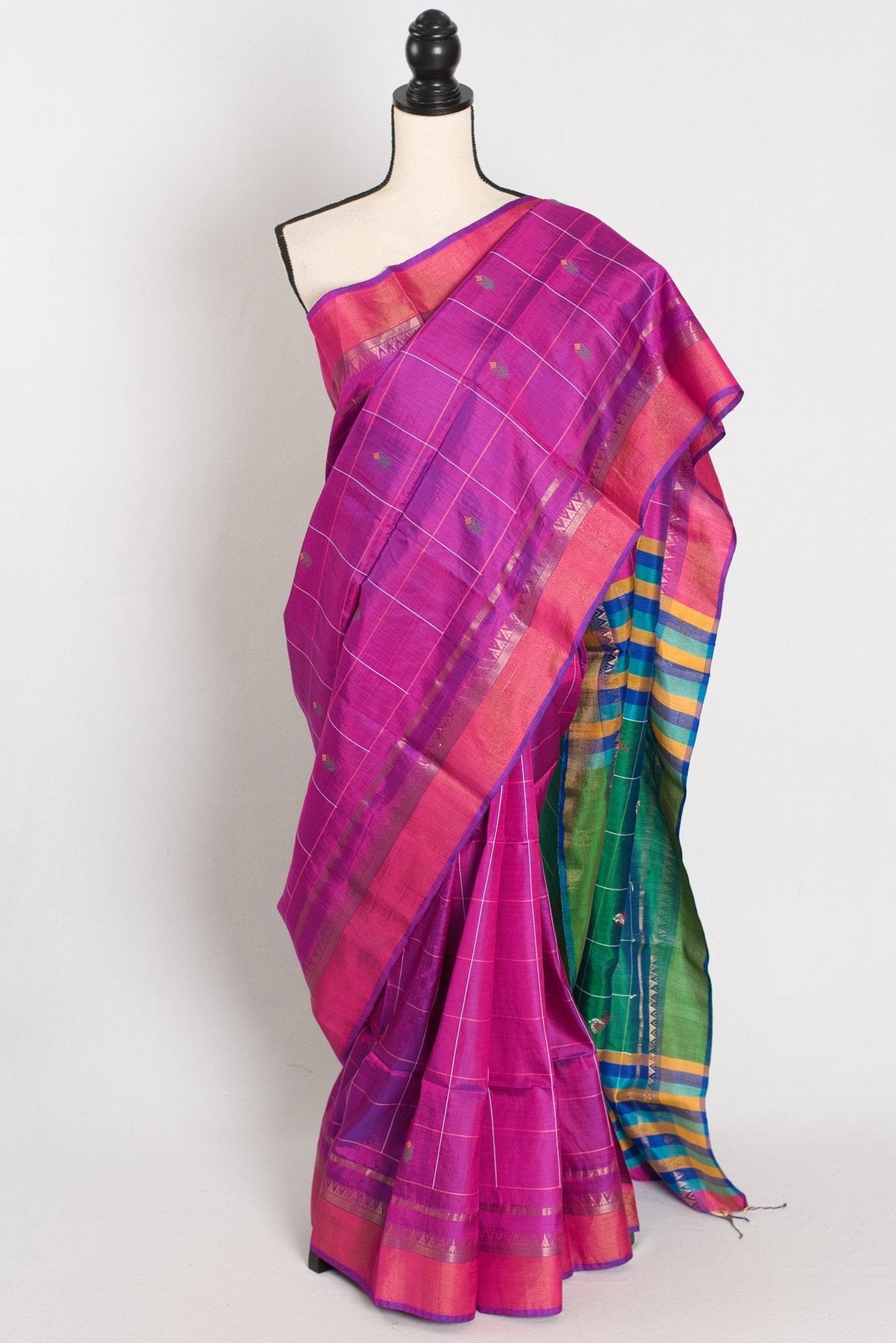 Nina : Lightweight Bishnupur Katan Silk Saree in Purple and Green
