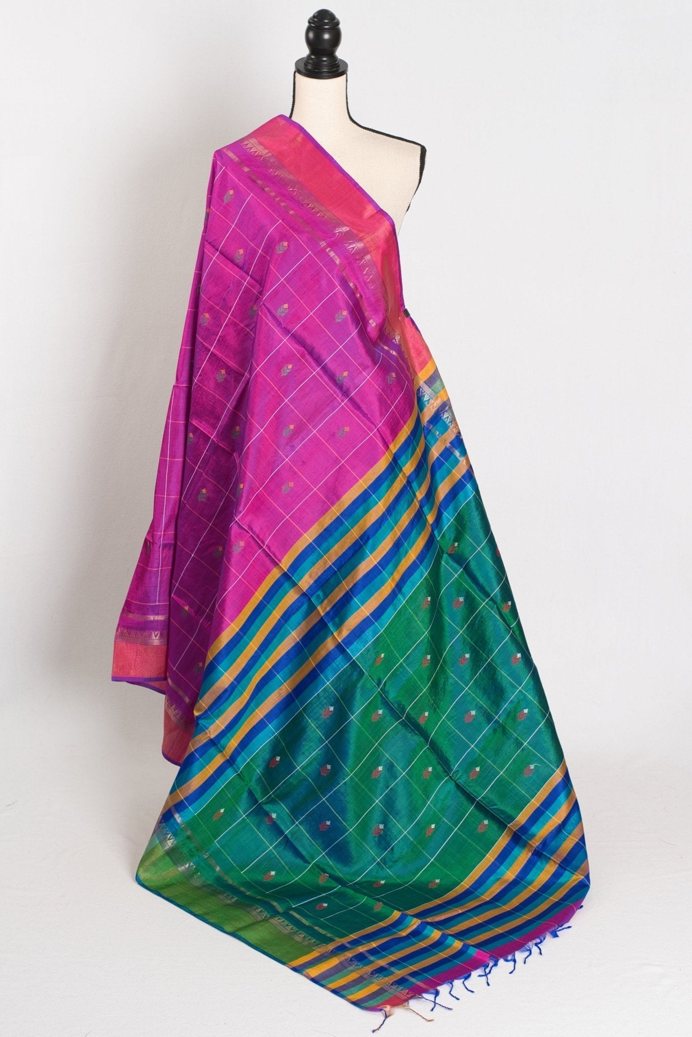 Nina : Lightweight Bishnupur Katan Silk Saree in Purple and Green