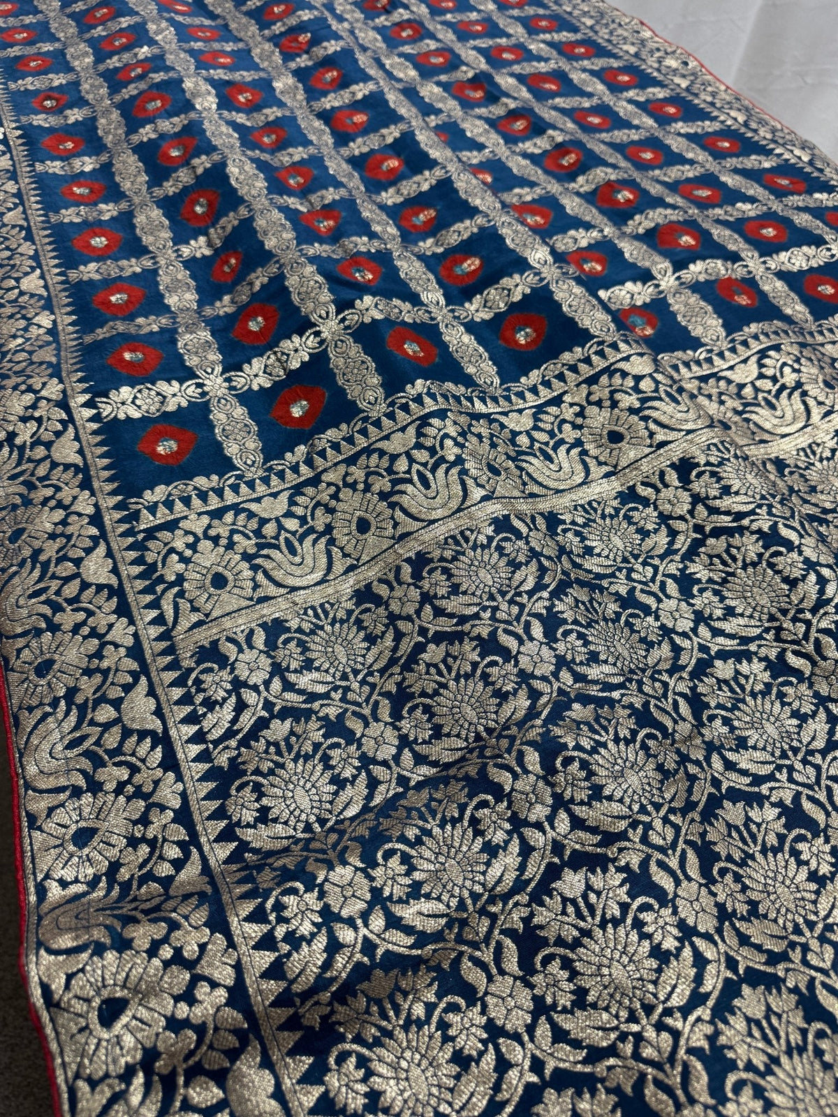 Parul | Dark Blue & Red Gharchola Banarasi Saree | Silver Zari Dola Silk