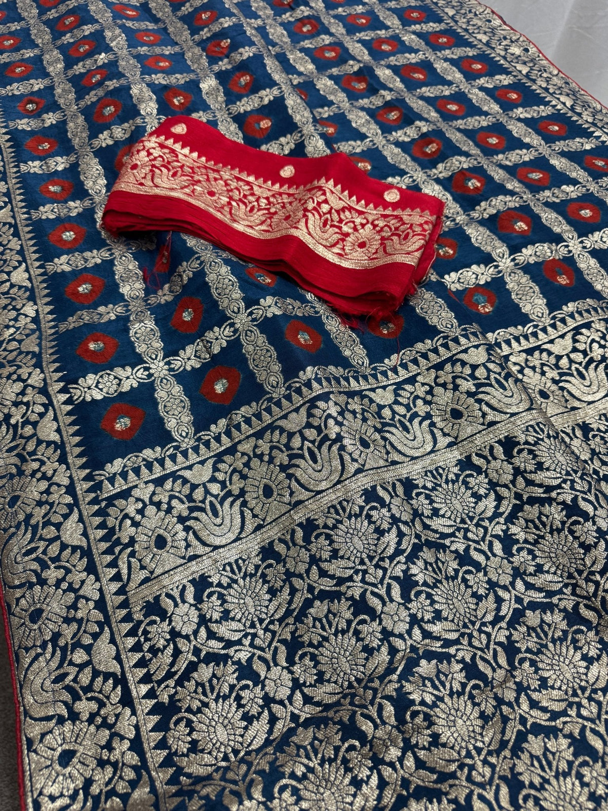 Parul | Dark Blue & Red Gharchola Banarasi Saree | Silver Zari Dola Silk