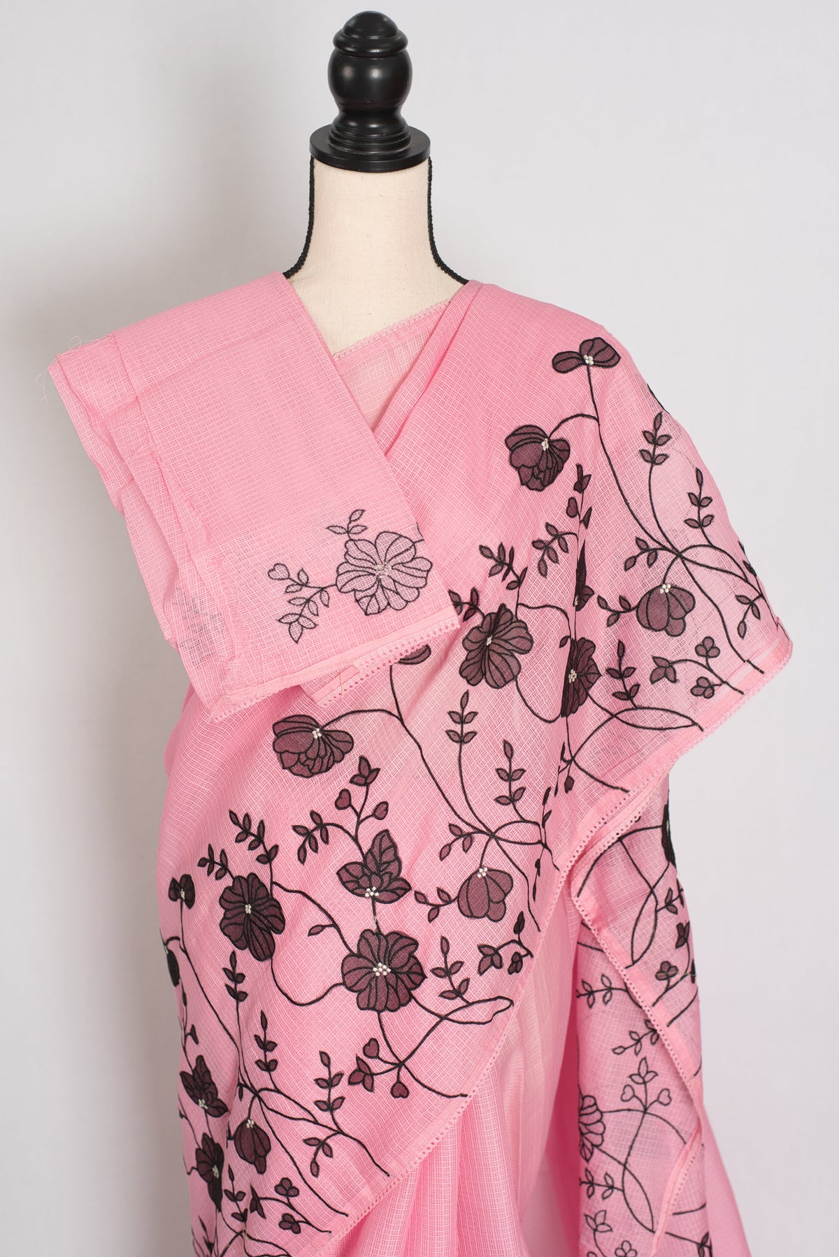 Neha | Pink Semi Kota Silk Saree with Appliqué Work & Machine Embroidery