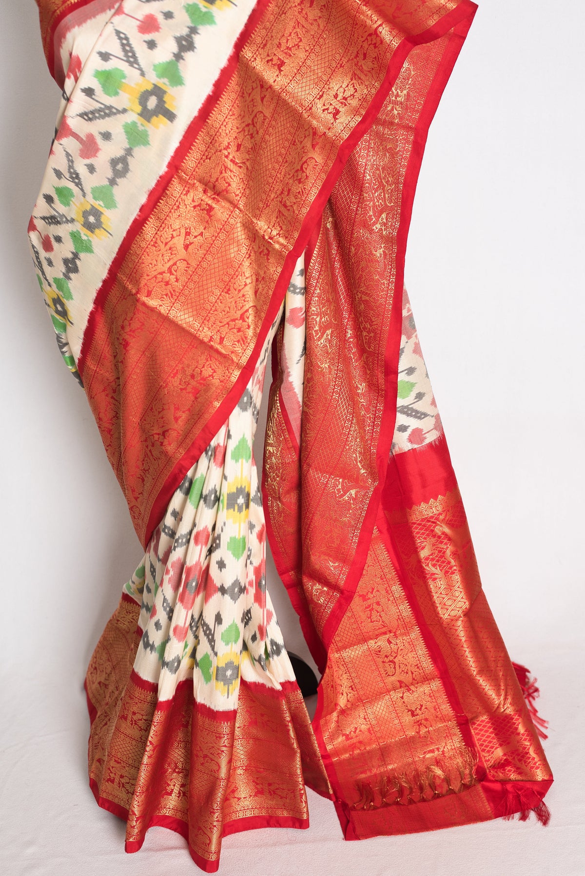 Ikkat Pochampally Saree with Kanjivaram Saree in Off White and Red