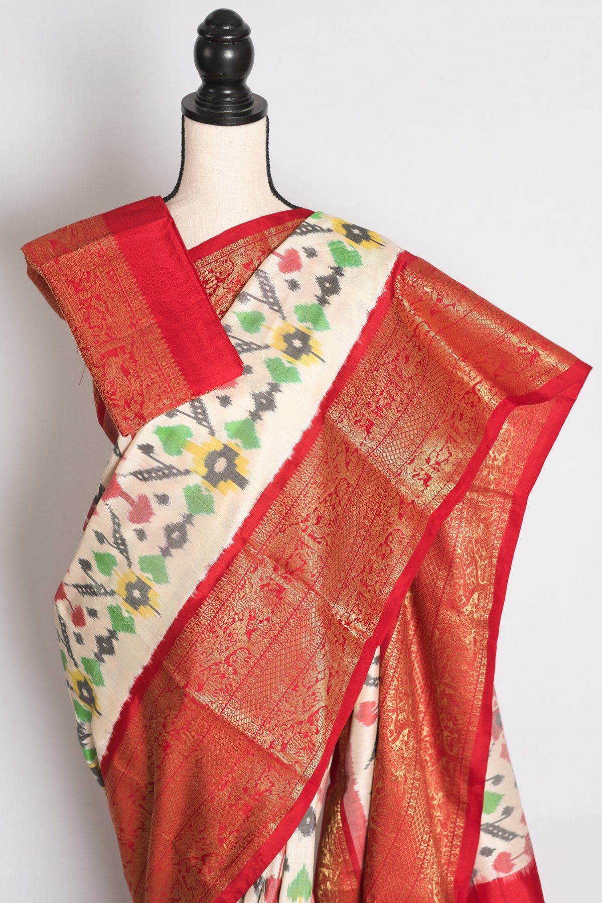 Ikkat Pochampally Saree with Kanjivaram Saree in Off White and Red