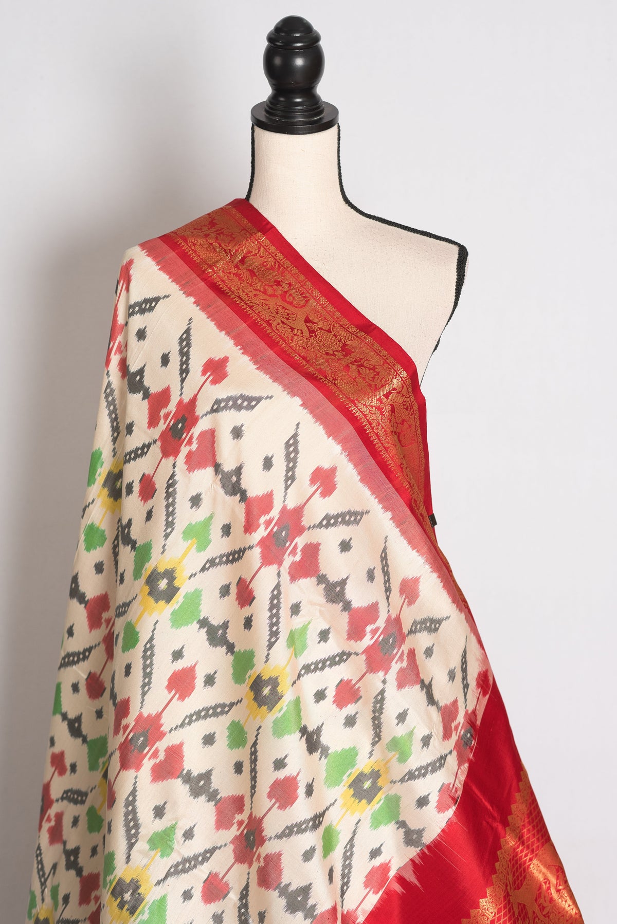 Ikkat Pochampally Saree with Kanjivaram Saree in Off White and Red