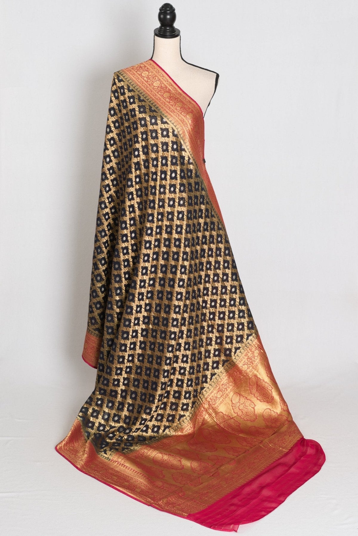 Prerna : Dark Blue Crepe Georgette Banarasi Saree with Pink and Gold Zari Work