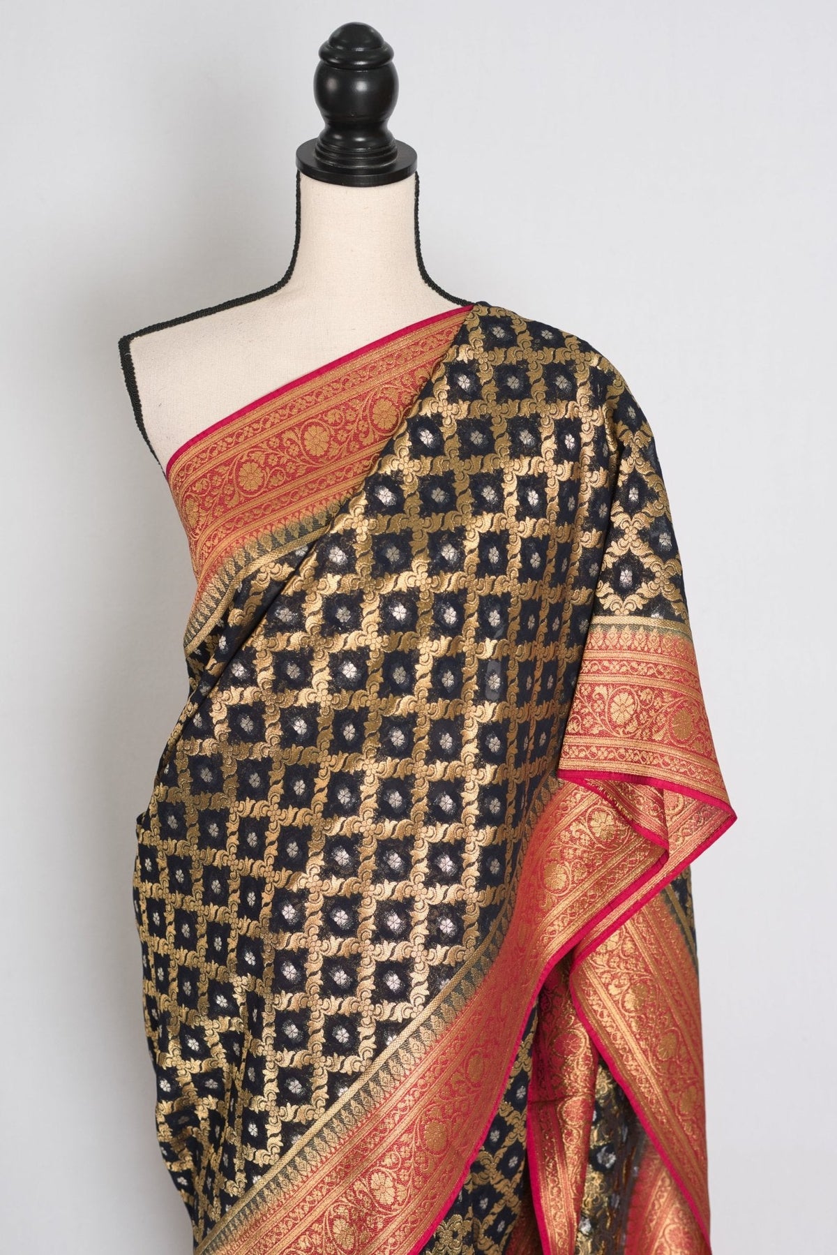 Prerna : Dark Blue Crepe Georgette Banarasi Saree with Pink and Gold Zari Work