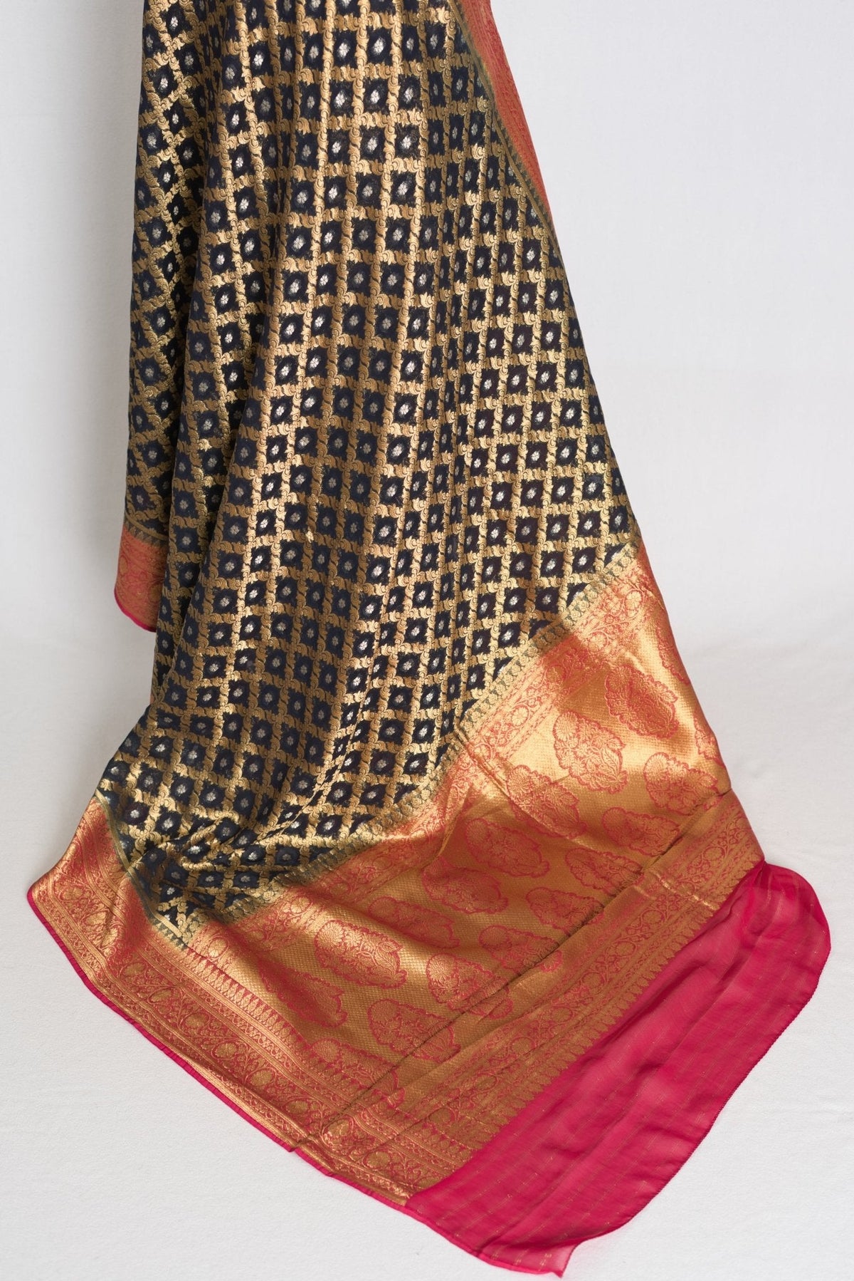Prerna : Dark Blue Crepe Georgette Banarasi Saree with Pink and Gold Zari Work