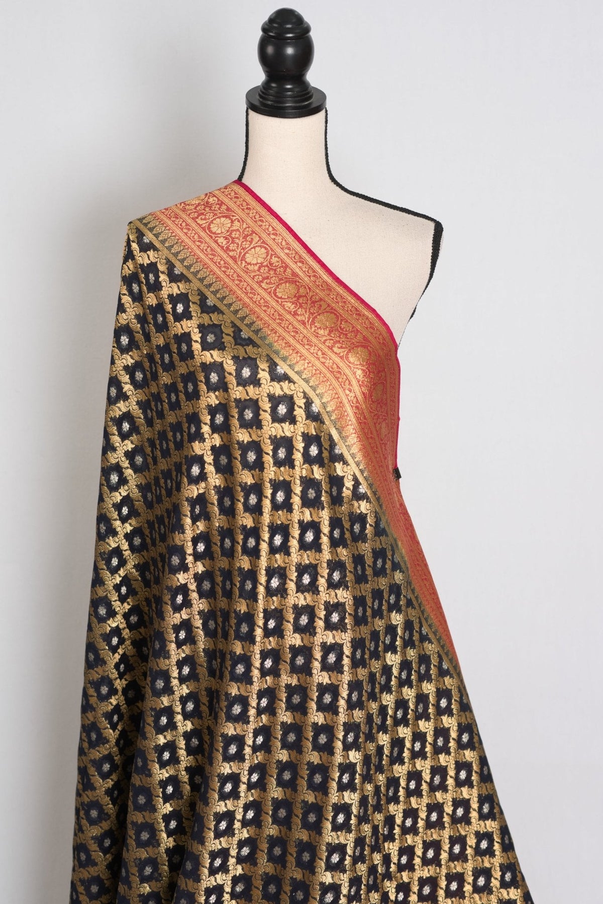 Prerna : Dark Blue Crepe Georgette Banarasi Saree with Pink and Gold Zari Work