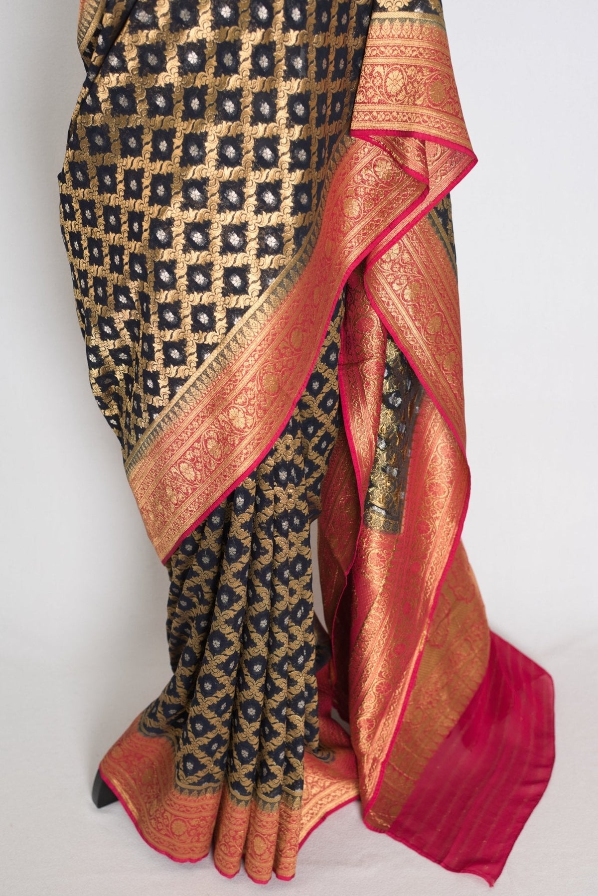 Prerna : Dark Blue Crepe Georgette Banarasi Saree with Pink and Gold Zari Work