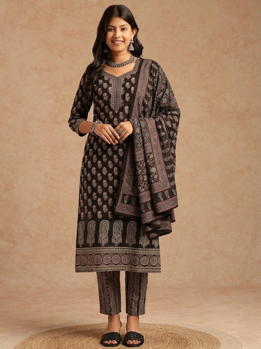 Elegant Black & Beige Printed Kurta Set with Dupatta