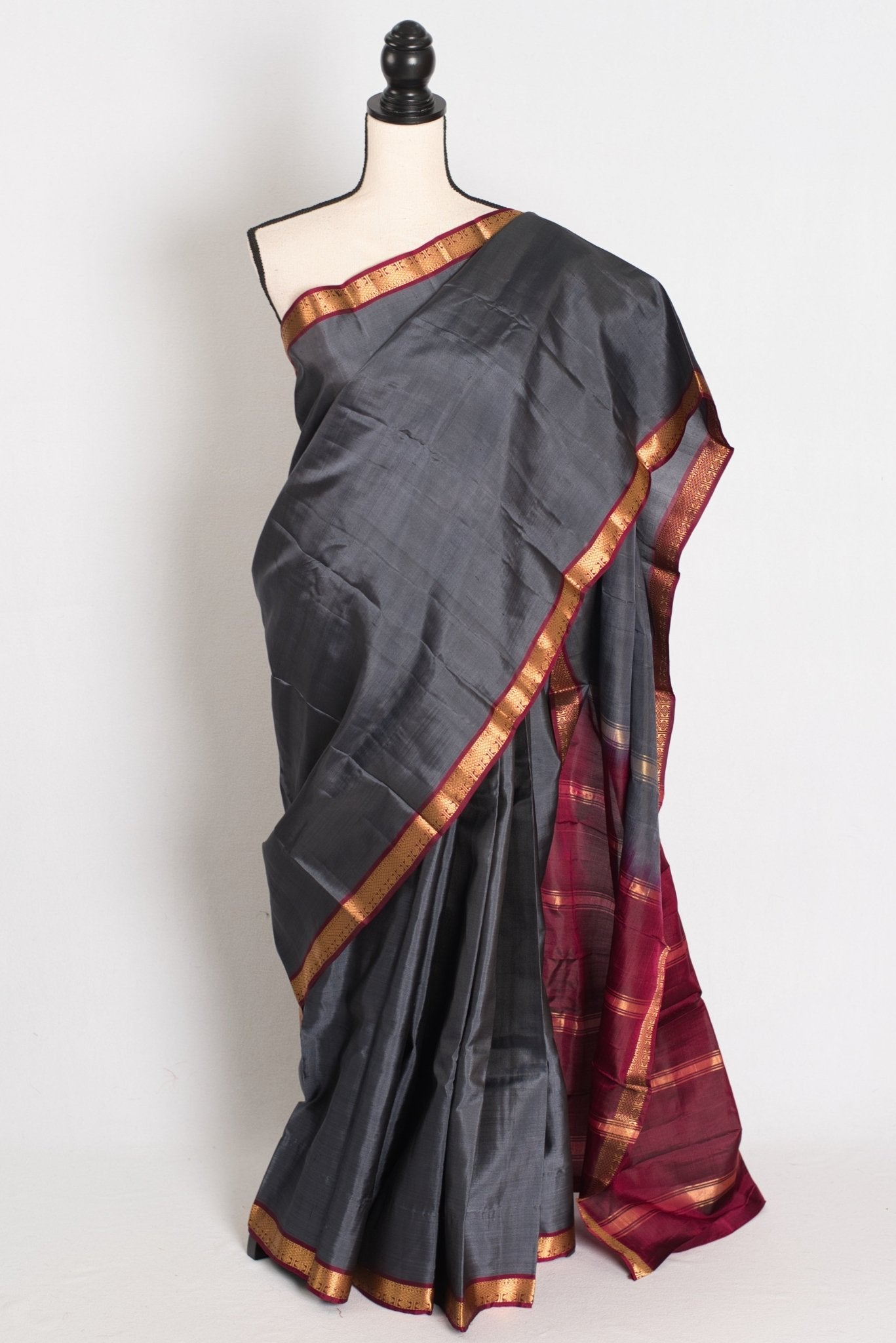 Radha : Gray and Maroon Kanjivaram Silk Saree with Small Golden Zari Border