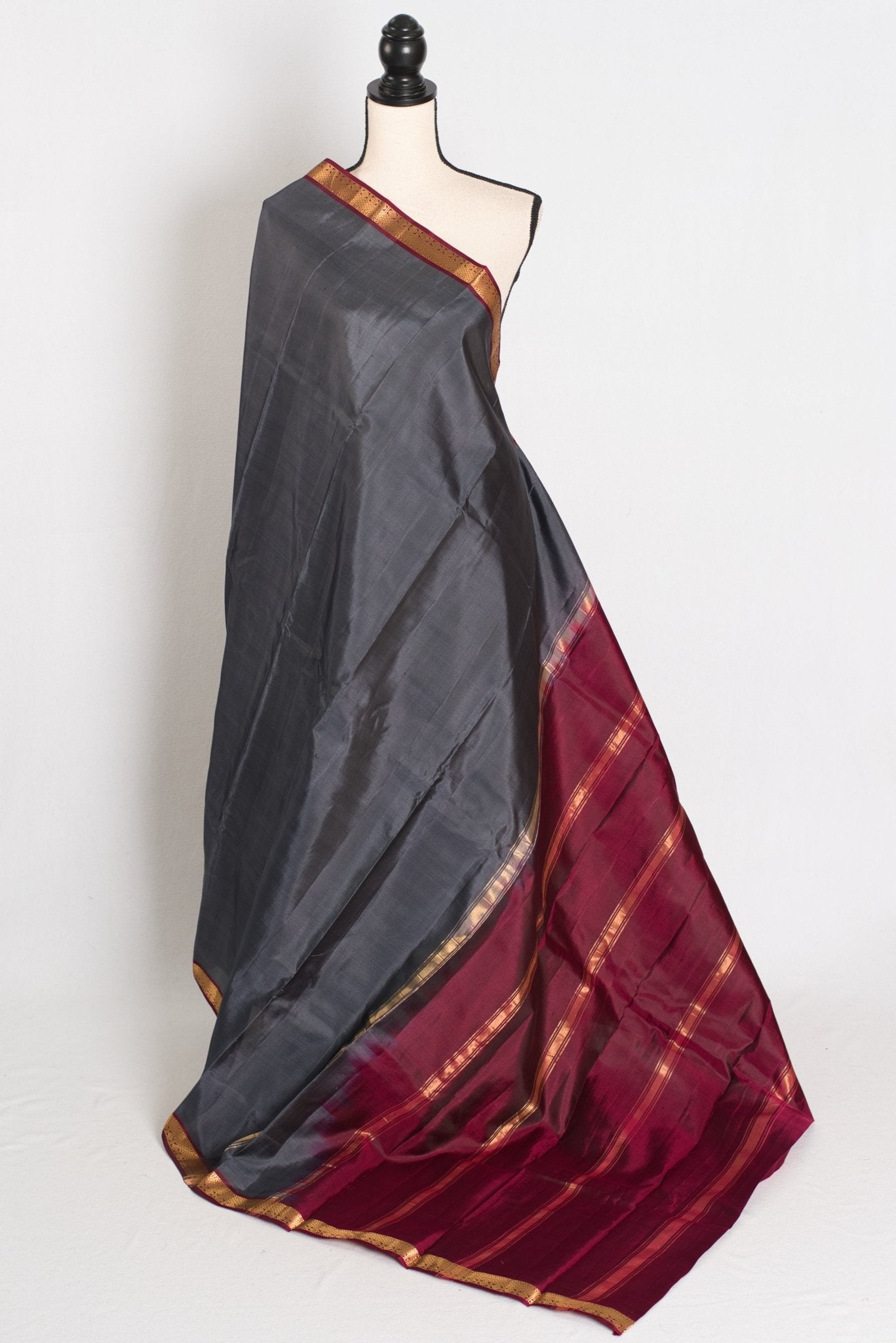 Radha : Gray and Maroon Kanjivaram Silk Saree with Small Golden Zari Border