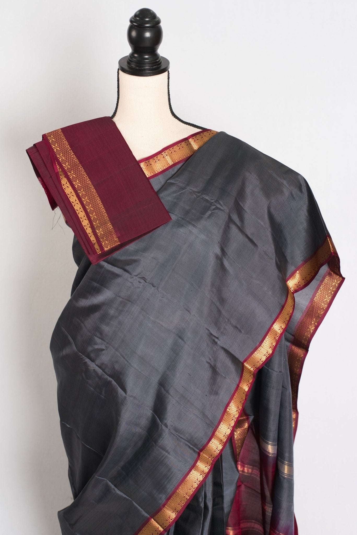 Radha : Gray and Maroon Kanjivaram Silk Saree with Small Golden Zari Border