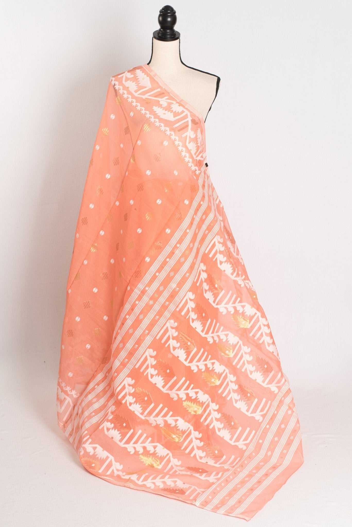 Ramani : Peach Orange Blended Soft Cotton Jamdani Bengali Saree