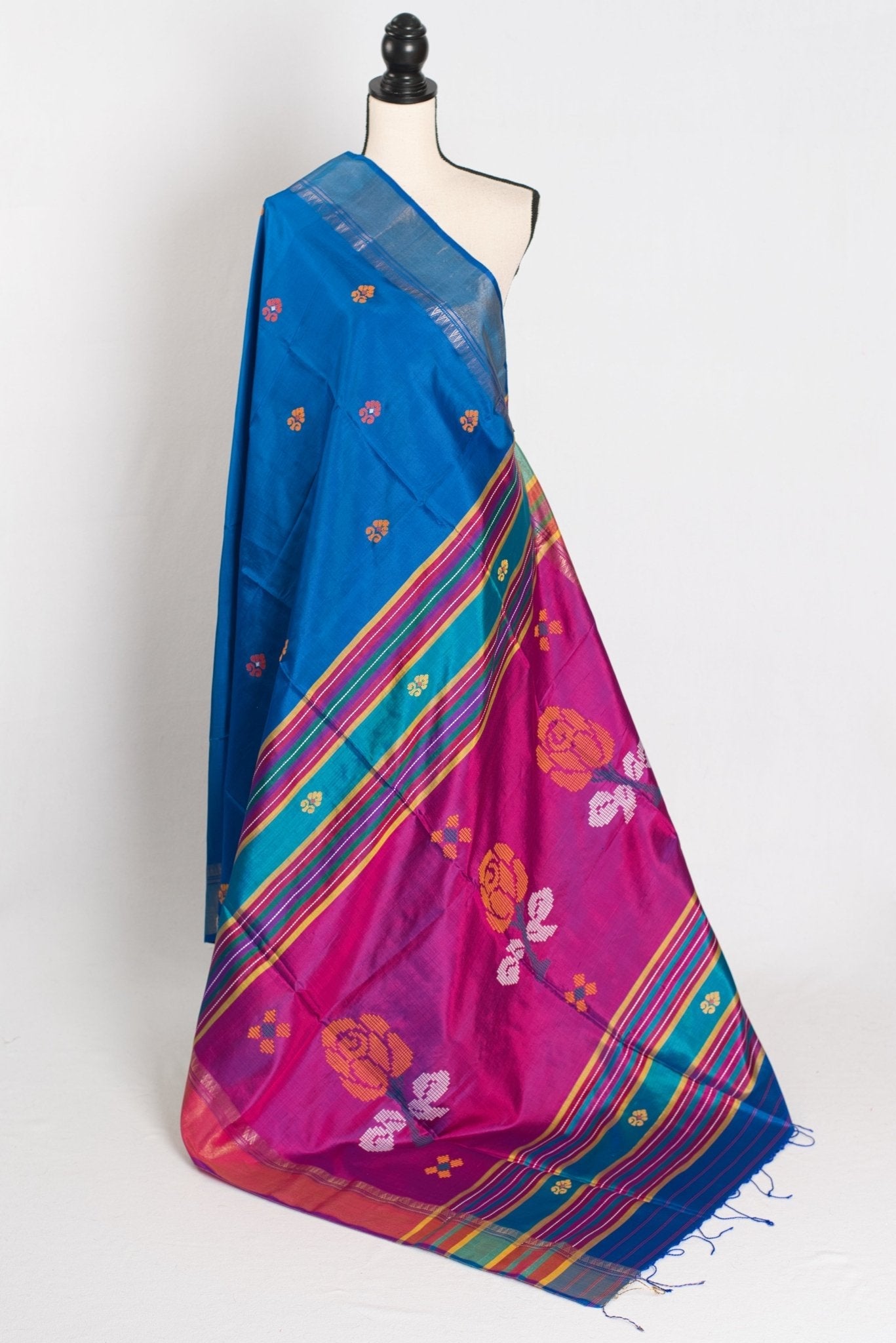 Rashmi : Lightweight Bishnupur Katan Silk Saree in Peacock Blue and Purple