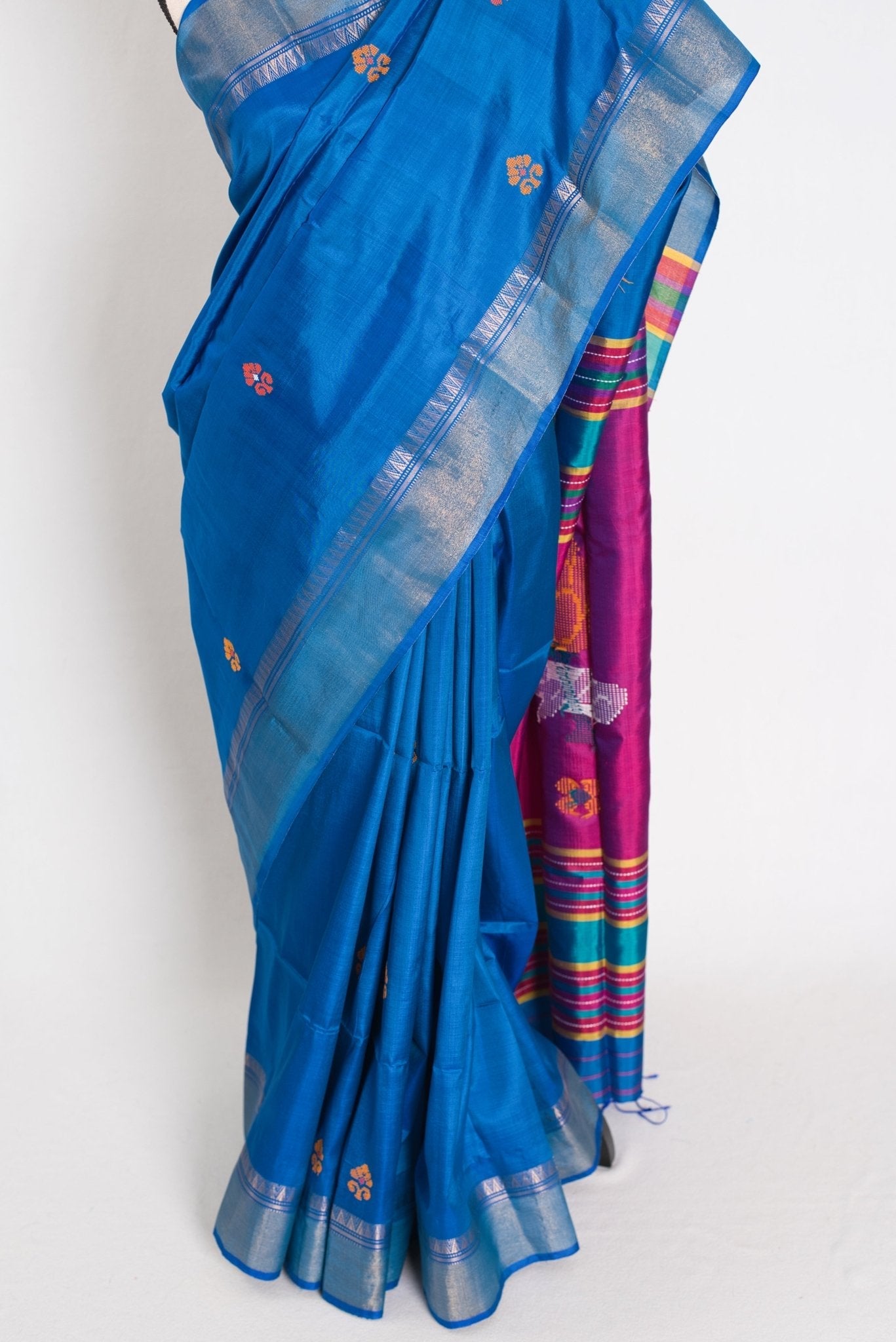Rashmi : Lightweight Bishnupur Katan Silk Saree in Peacock Blue and Purple