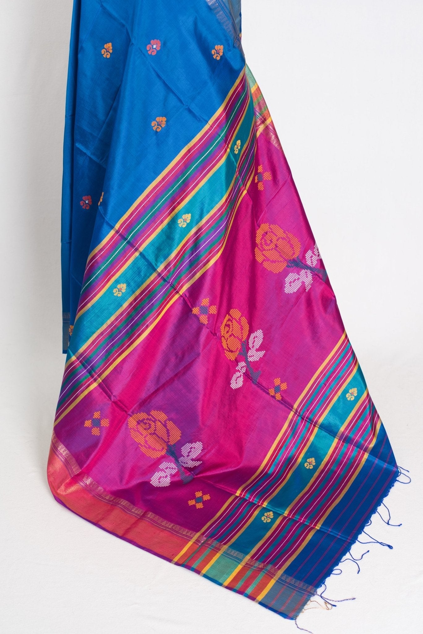 Rashmi : Lightweight Bishnupur Katan Silk Saree in Peacock Blue and Purple