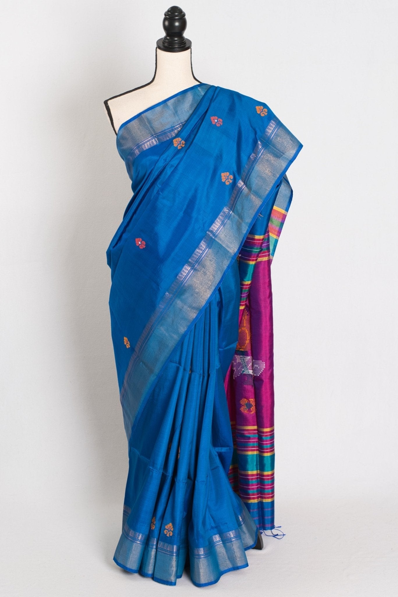 Rashmi : Lightweight Bishnupur Katan Silk Saree in Peacock Blue and Purple