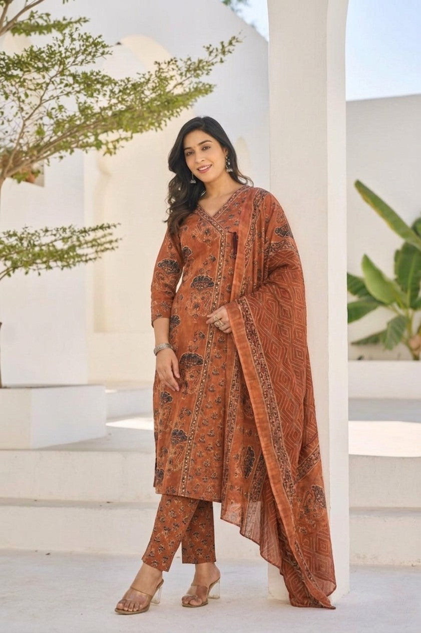 Be Unique Wear Brand Traditional Rust Cotton Printed 3-Piece Kurta Set for Women
