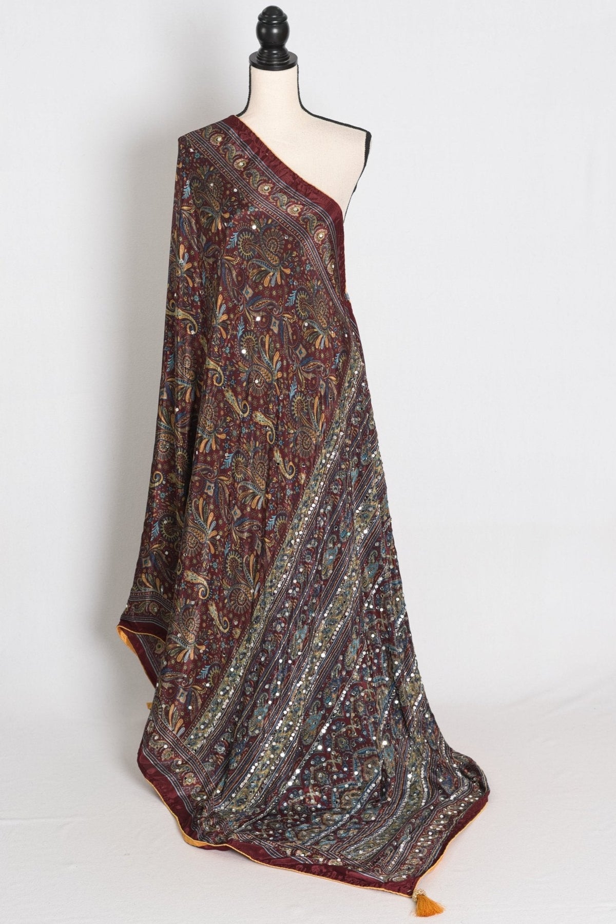 Rimi : Brown Kalamkari Print Semi Modal Silk Saree with Mirrors