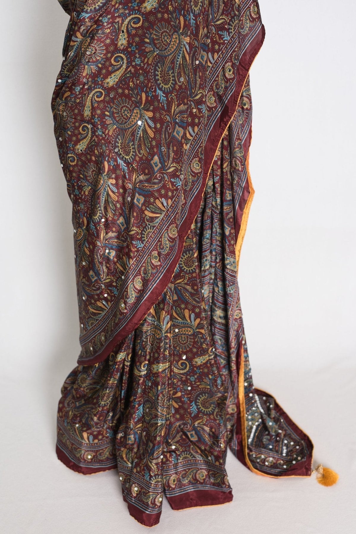 Rimi : Brown Kalamkari Print Semi Modal Silk Saree with Mirrors