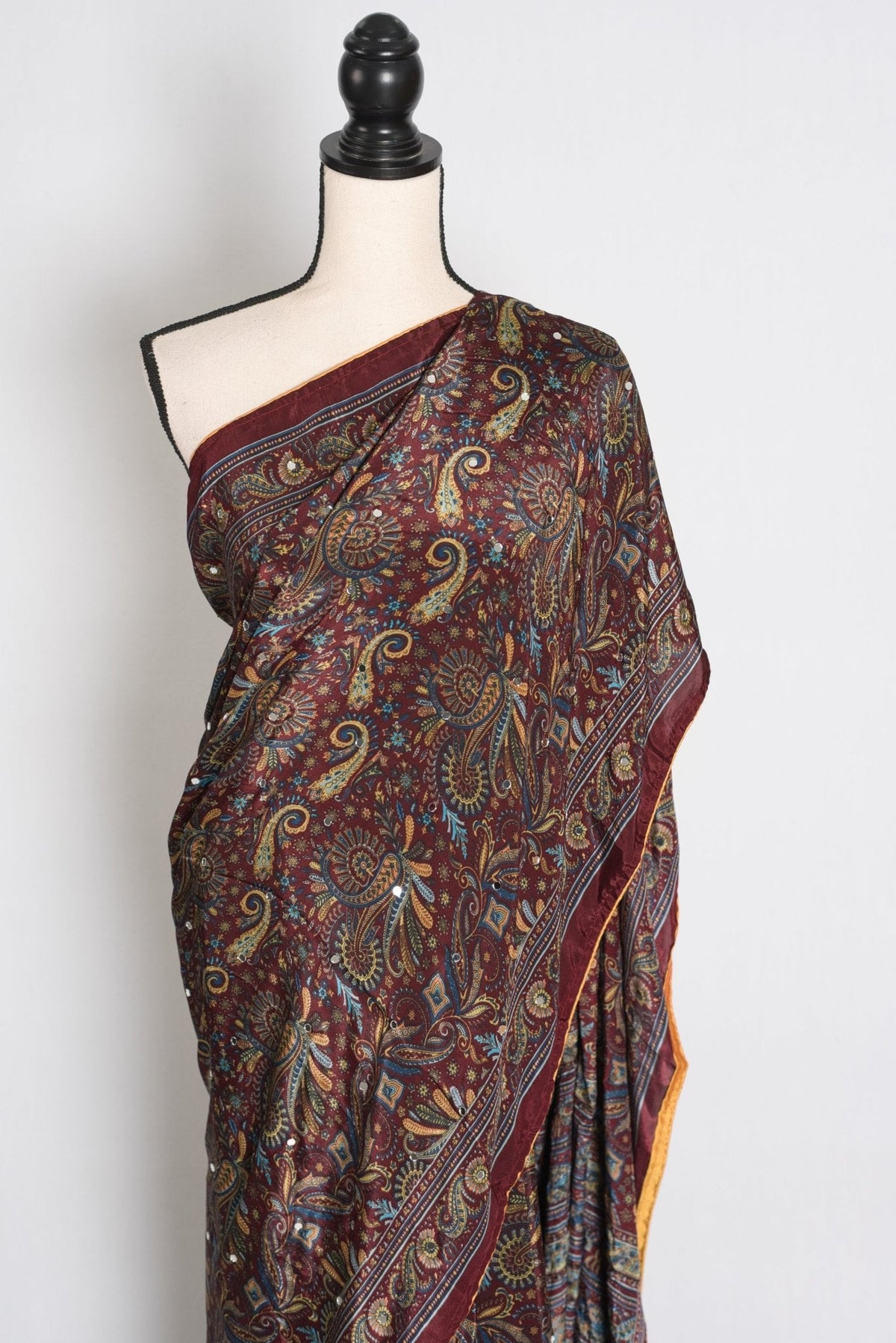 Rimi : Brown Kalamkari Print Semi Modal Silk Saree with Mirrors