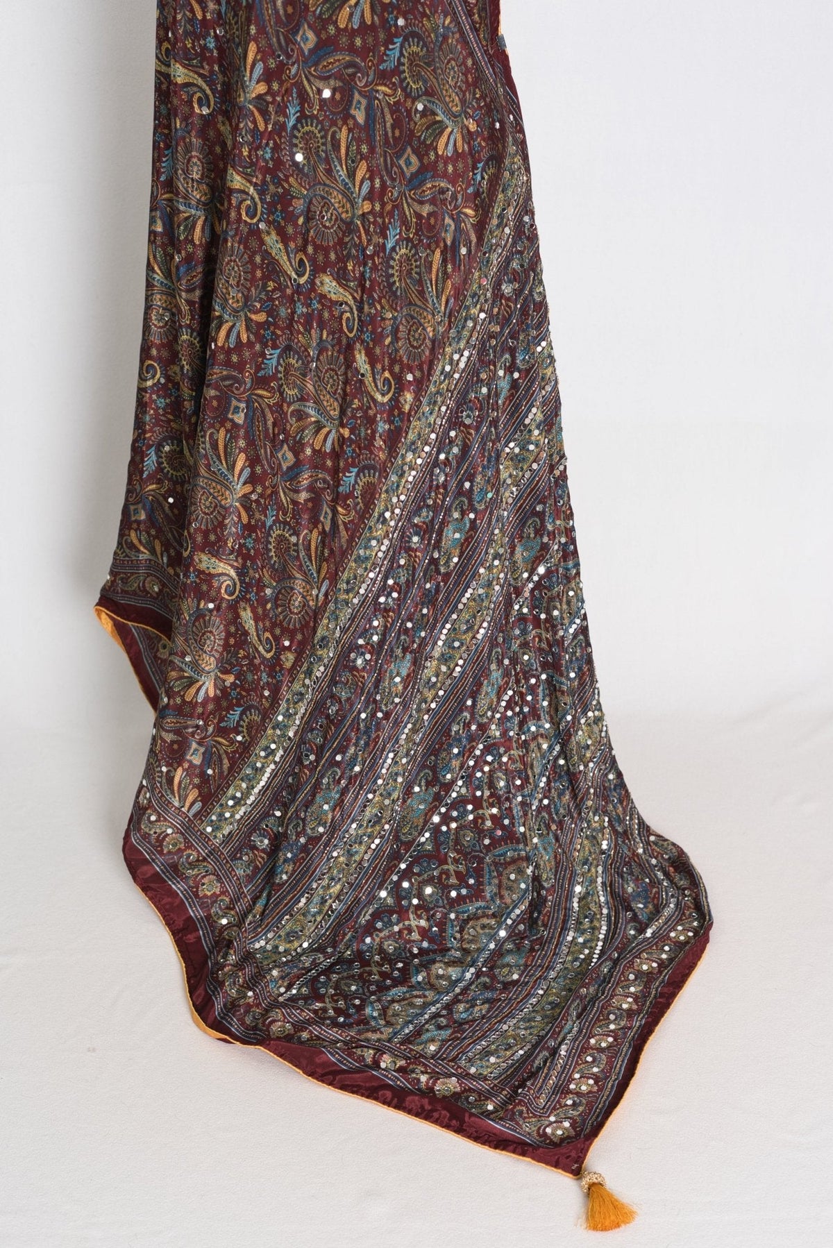 Rimi : Brown Kalamkari Print Semi Modal Silk Saree with Mirrors