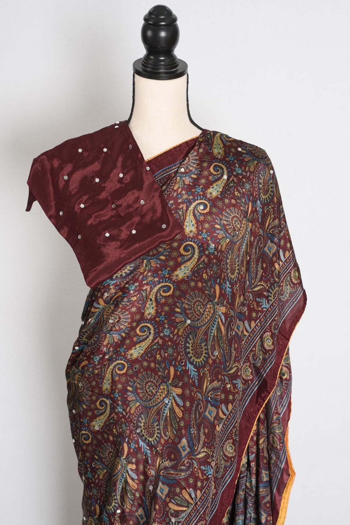 Rimi : Brown Kalamkari Print Semi Modal Silk Saree with Mirrors