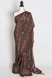 Rimi : Brown Kalamkari Print Semi Modal Silk Saree with Mirrors