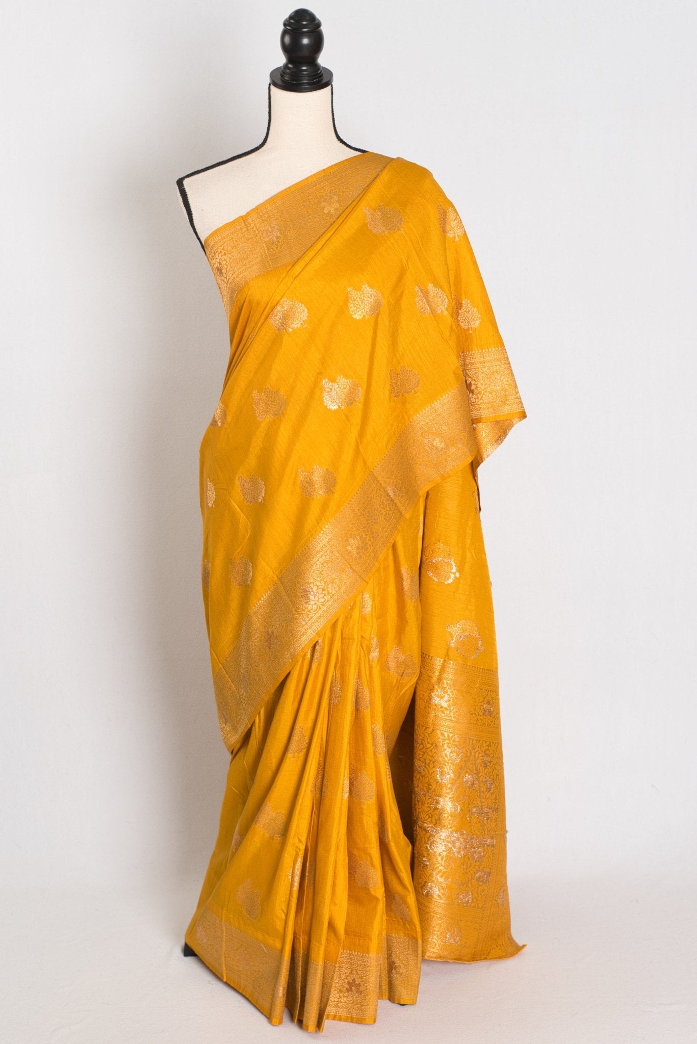 Roshni: Yellow & Gold Semi Tussar Banarasi Silk Saree | Budget-Friendly