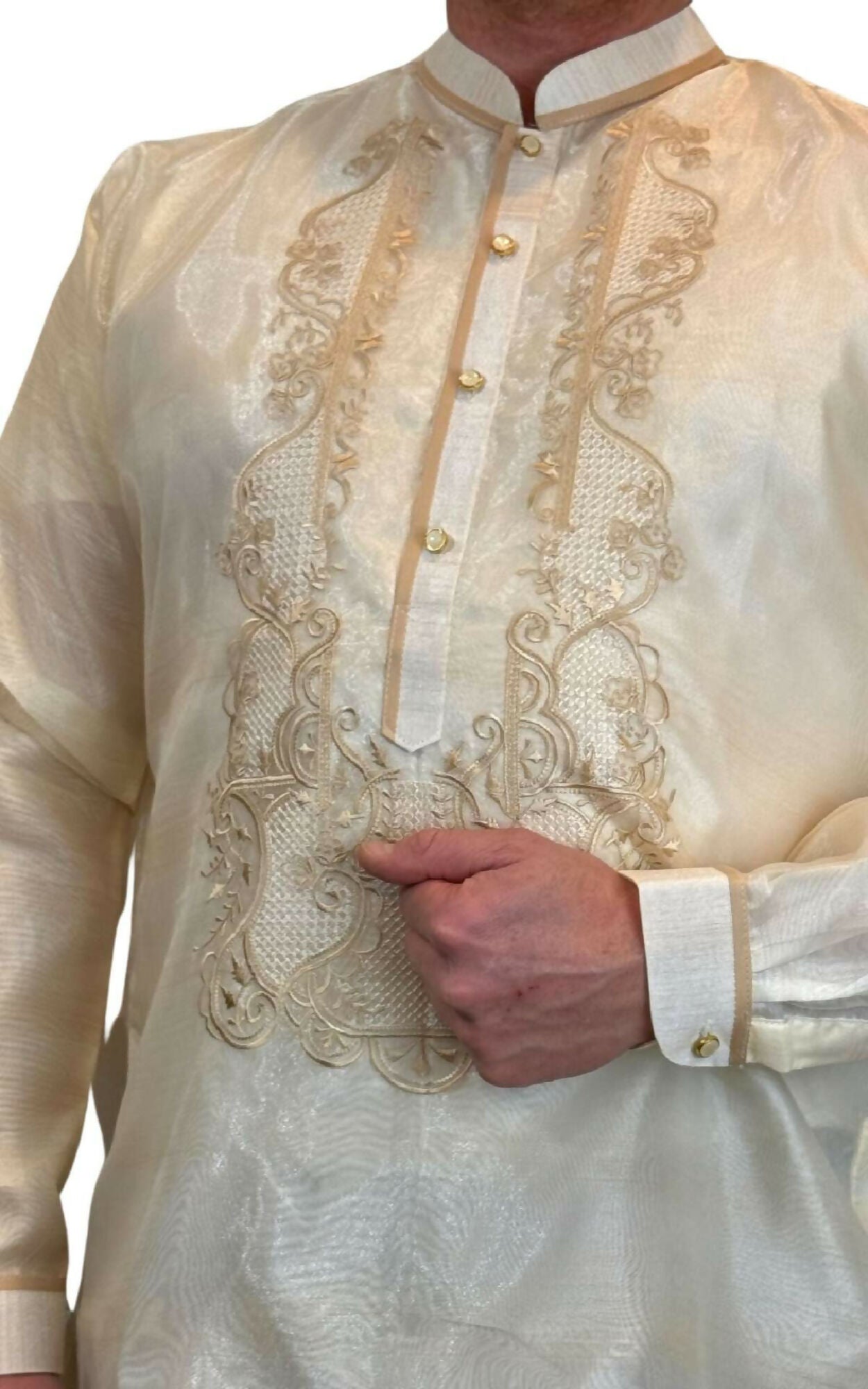 Mens Chinese Collar Barong Tagalog - Ivory White